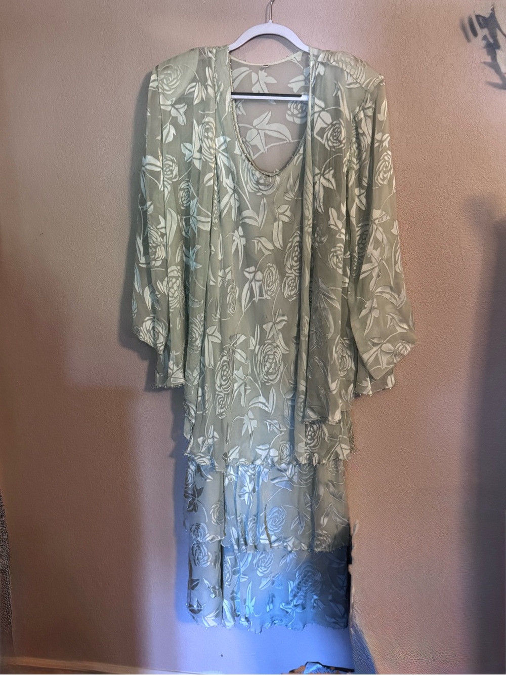 Elegant Sage Floral Lace Overlay Mother of the Bride Dress